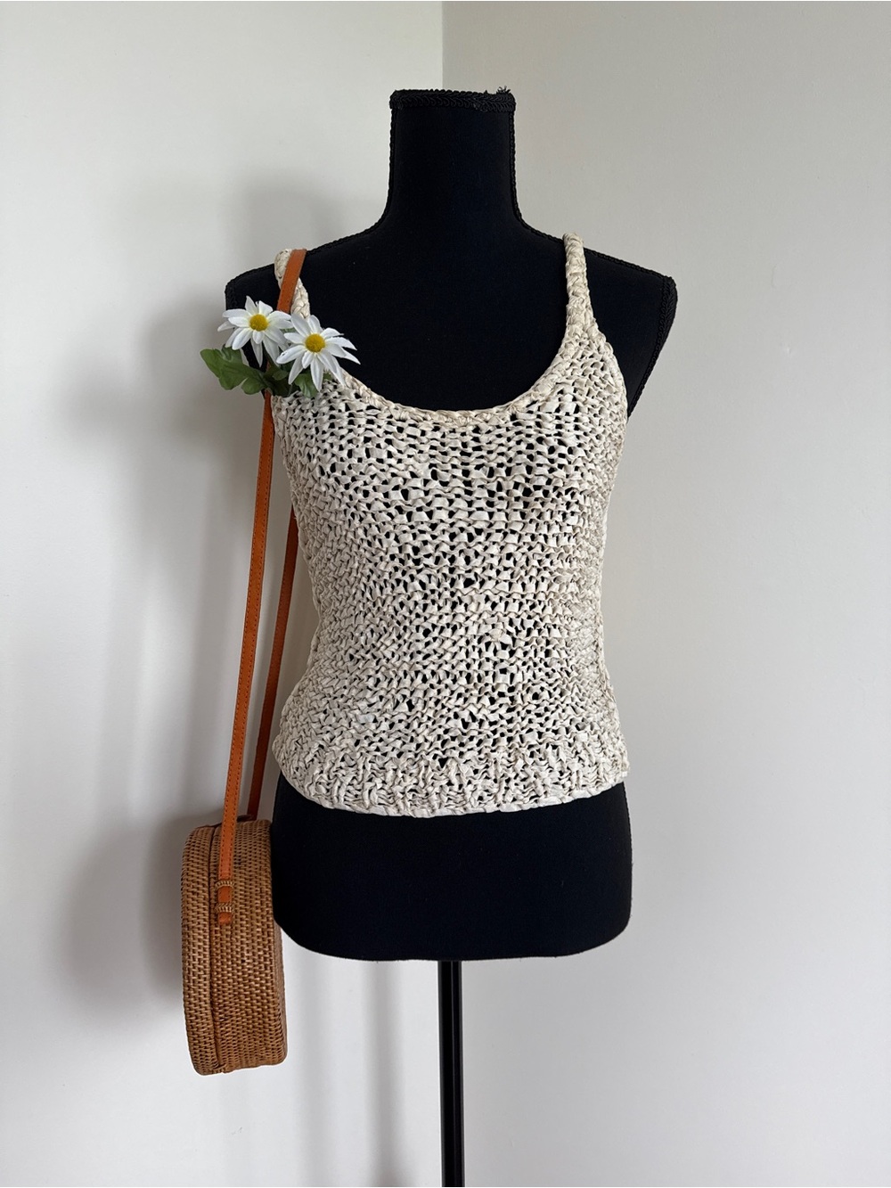 Handwoven Cream Crochet Knit Tank Top | One of a Kind - Picture 2 of 7